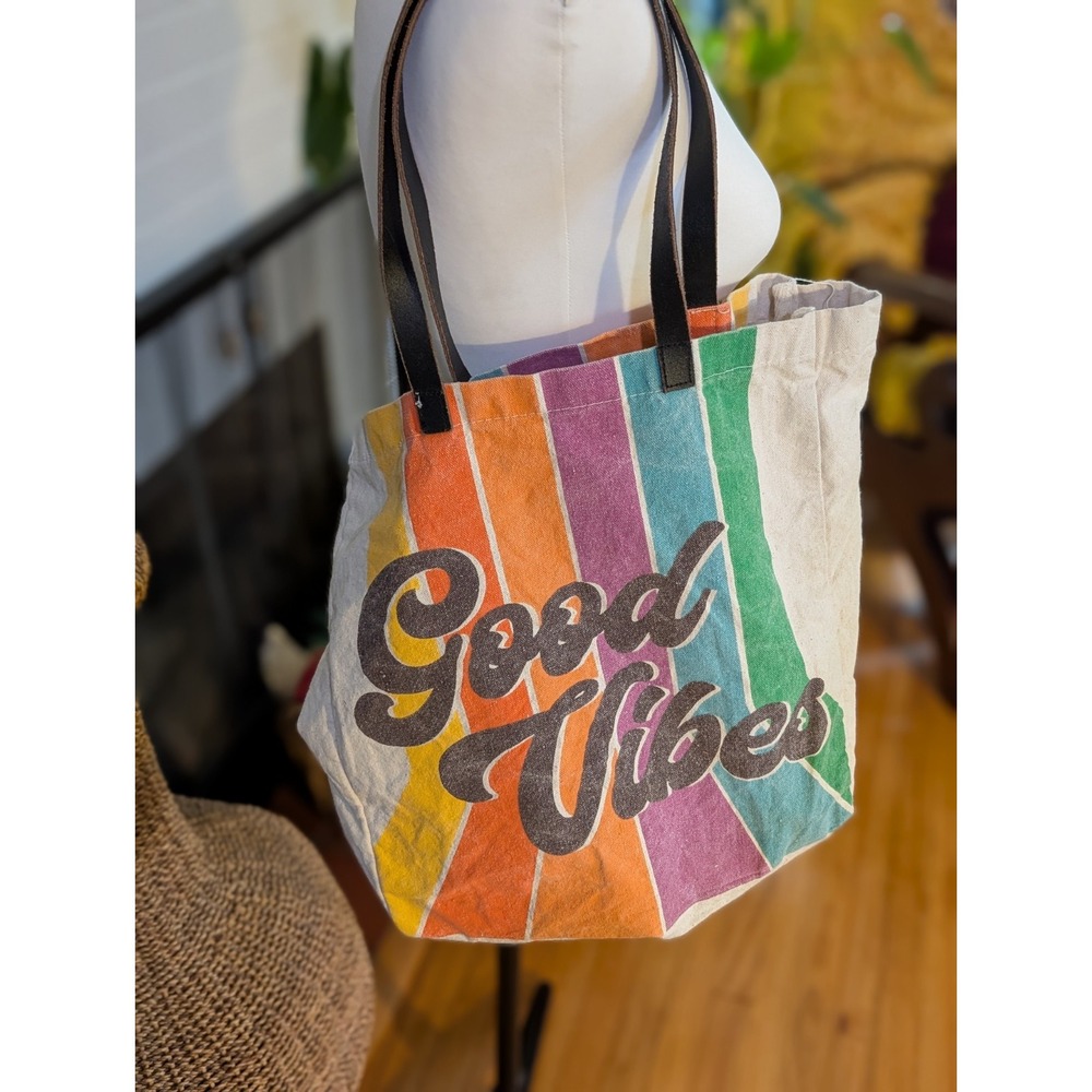 Retro Good Vibes Canvas Tote Bag Striped Rainbow Boho Slouchy Everyday VTG Style